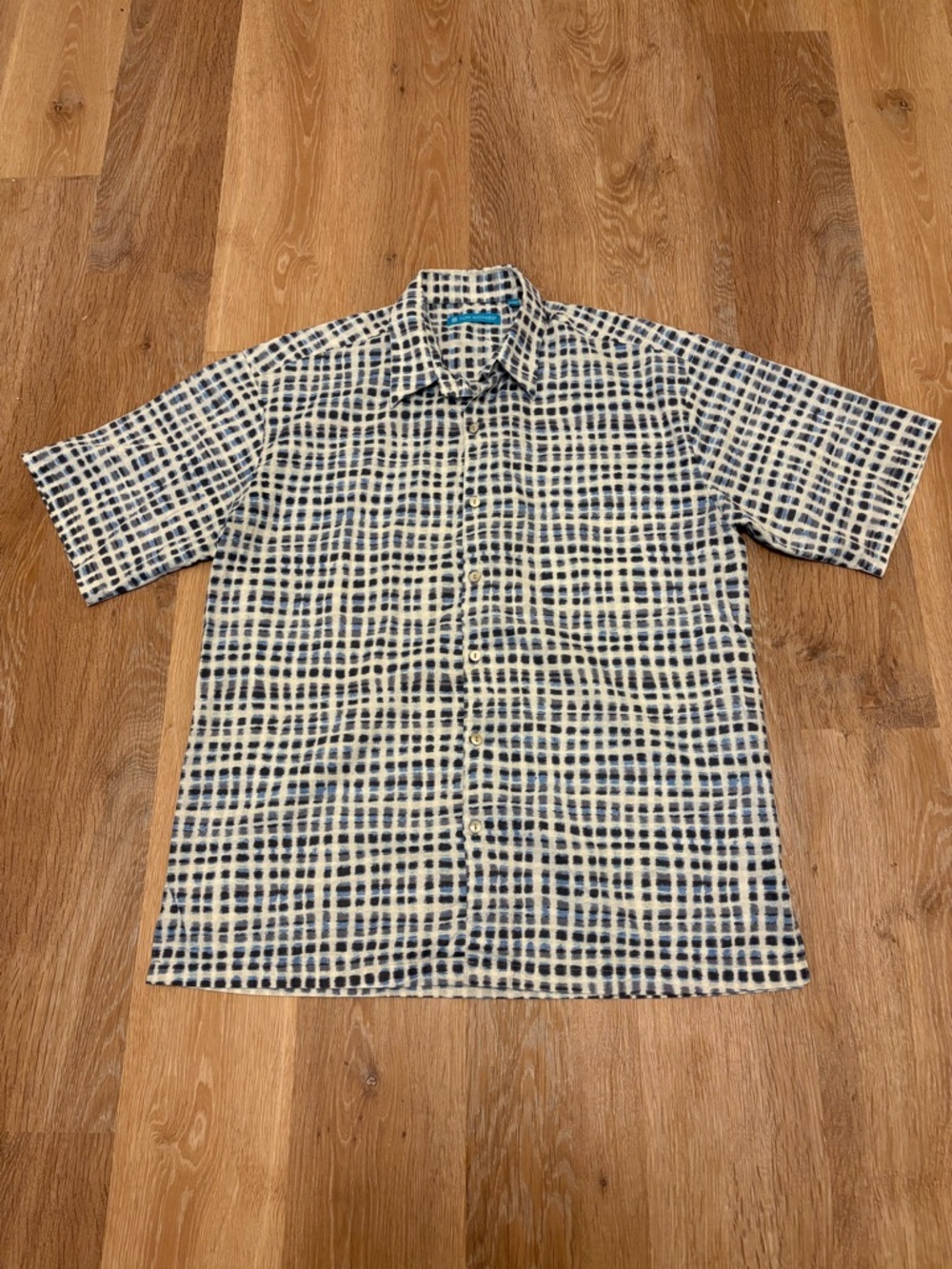Tori Richard Cotton Lawn Hawaiian Shirt Blue White Check Grid Geometric Medium